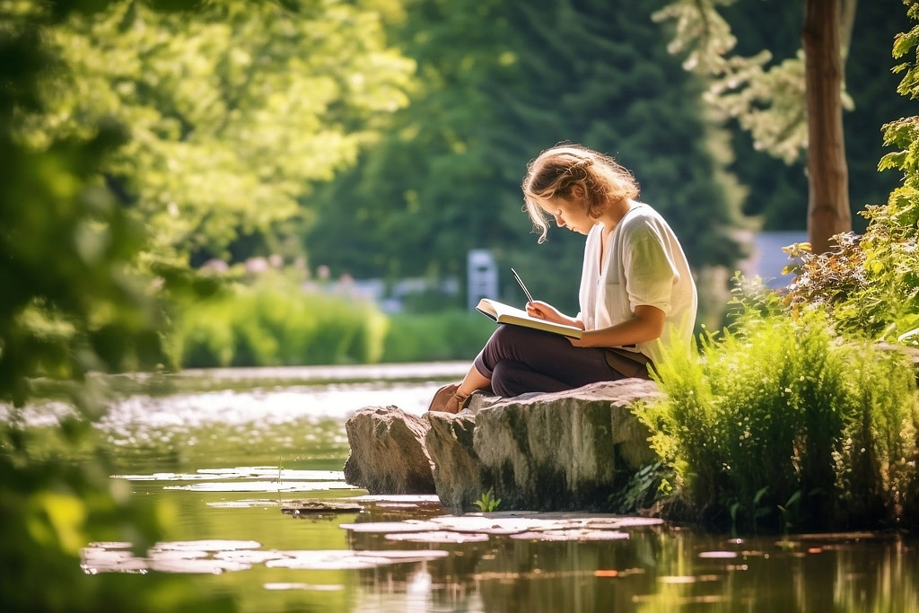 Photo of a person journaling in a peaceful outdoor setting.