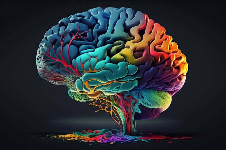 Colorful human brain model, isolated on black background. Generative AI illustration.